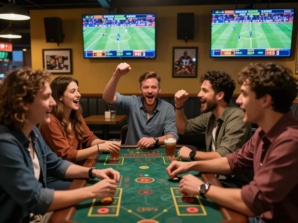 Friends celebrating at a zbet sports betting lounge with live screens and snacks.