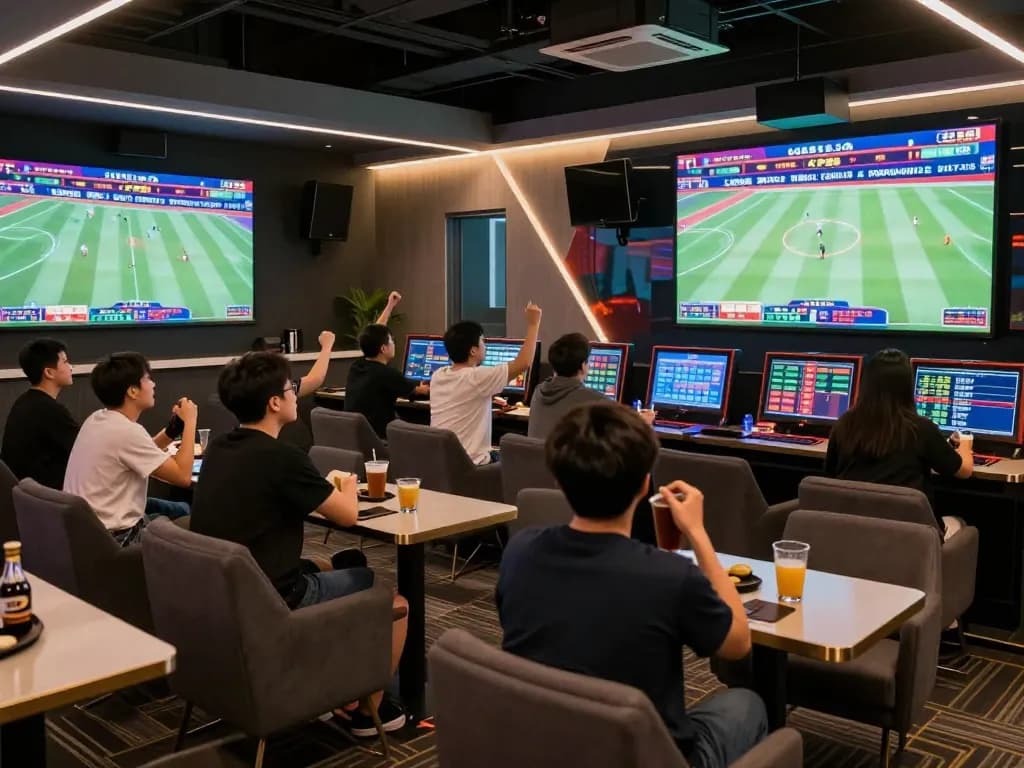 KP88 patrons watching live sports and placing bets in a vibrant betting lounge.