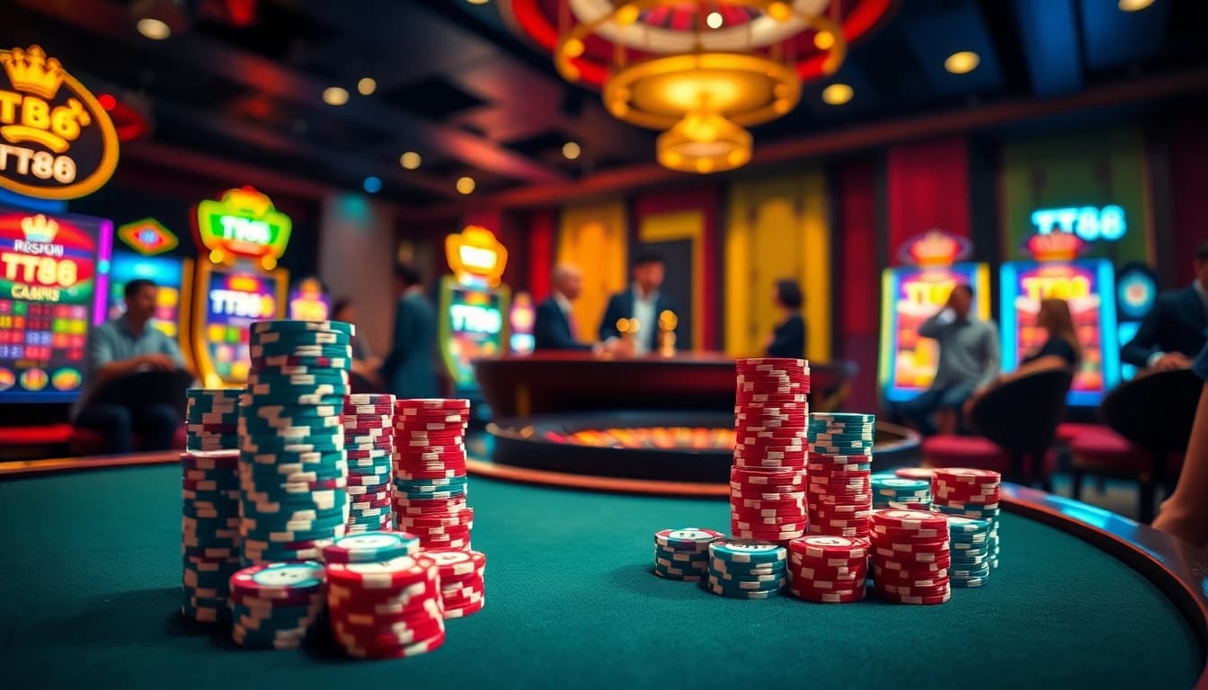 Experience the excitement of TT88 at a luxurious casino table with vibrant poker chips and games.