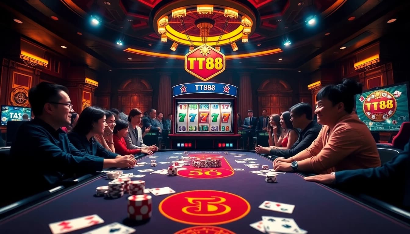 Exciting scene of players engaging in a casino setting while tải game TT88 on mobile devices.