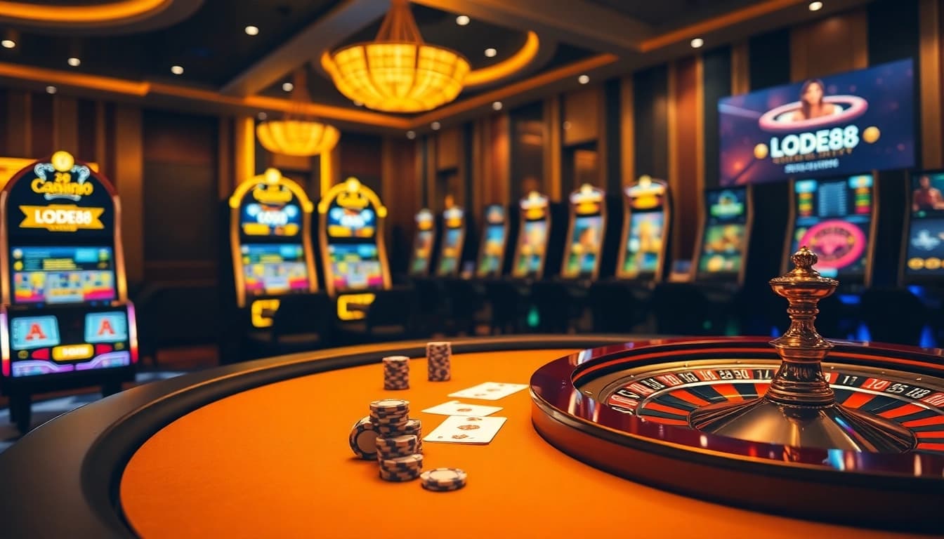 Players enjoying a thrilling game at the LODE88 online casino, showcasing poker chips and cards.