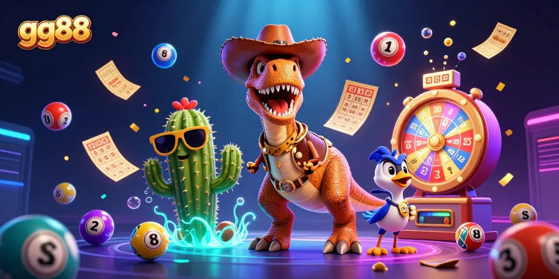 Engage in thrilling casino fun with gg88's vibrant lottery-themed 3D scene featuring lively characters.