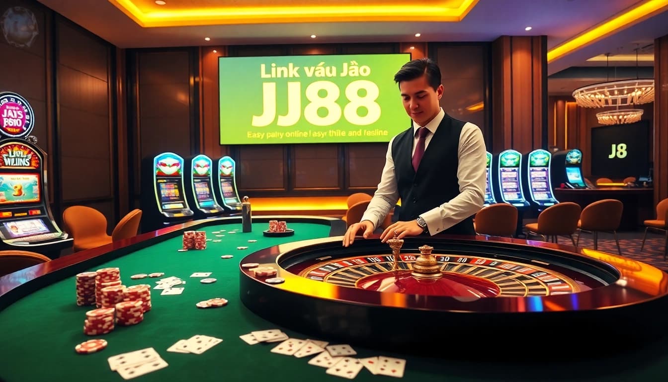 Experience the excitement of Link vào J88 with captivating casino visuals, roulette, and vibrant poker chips.