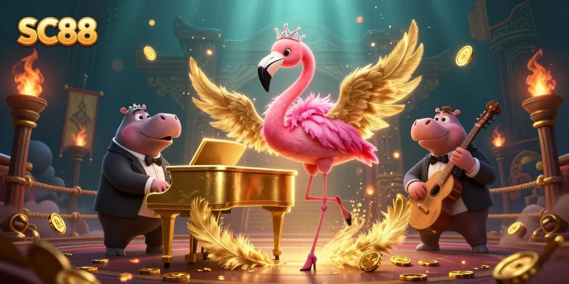 Experience SC88 with a vibrant scene featuring a flamingo singer and hippo bassist in a dynamic casino atmosphere.