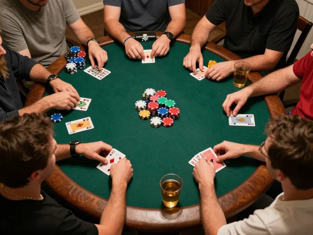 hm88 players enjoying a lively home poker night with cards and chips spread across the table