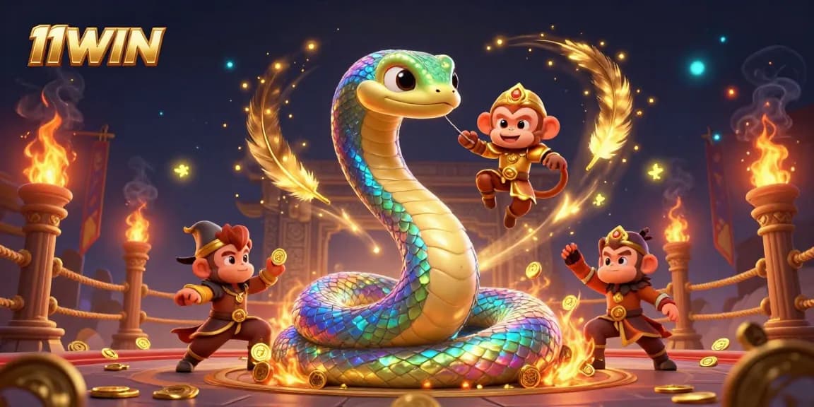 Engage with the vibrant 11WIN scene featuring a colorful serpent and monkey king surrounded by dynamic casino elements.