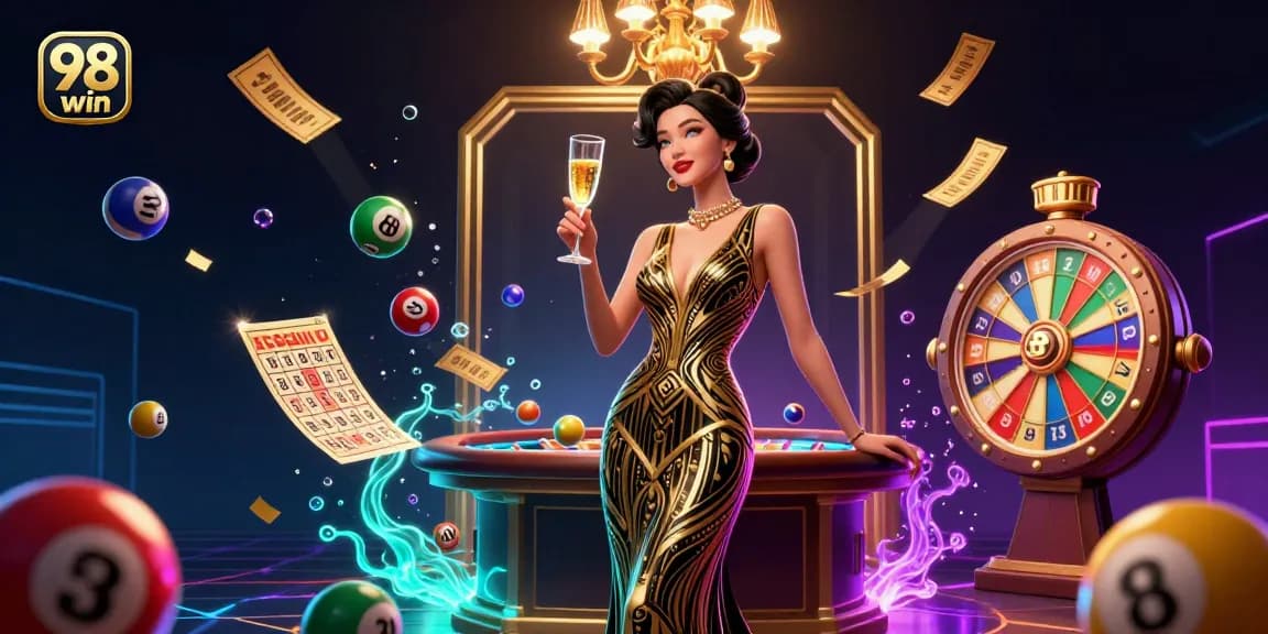 Win big with 98 win casino action featuring vibrant lottery balls and glamorous gameplay elements.