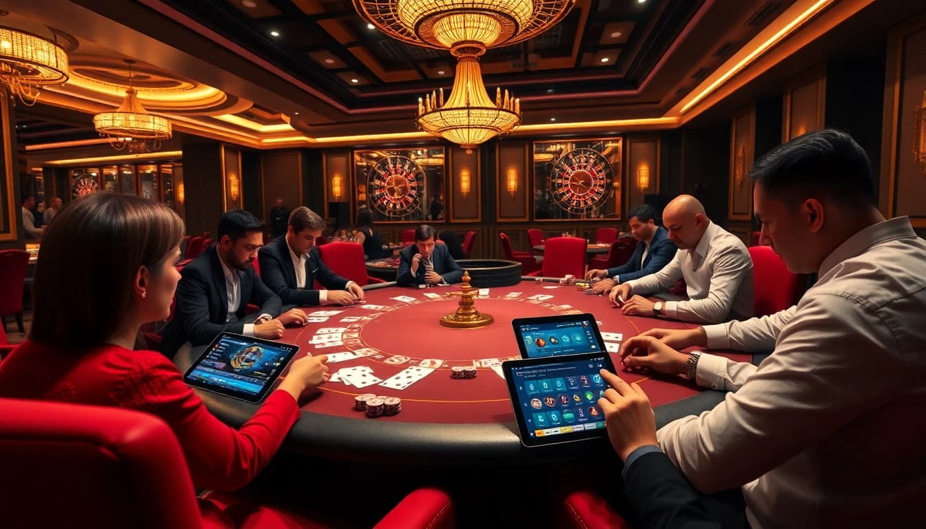 Engage with the exciting atmosphere of the bdtk1 app at a high-stakes poker table.