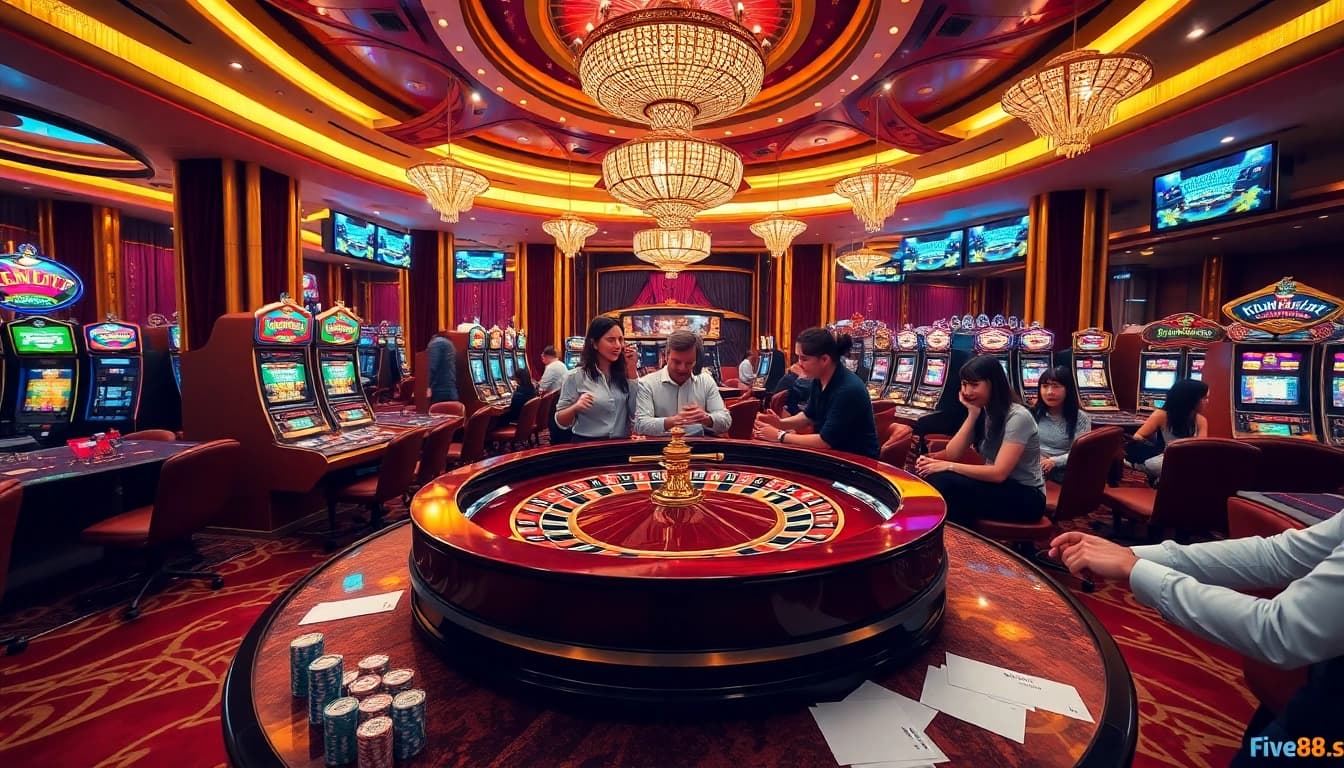 Experience thrilling gameplay at https://five88sss.com/ with vibrant casino tables and excited players.