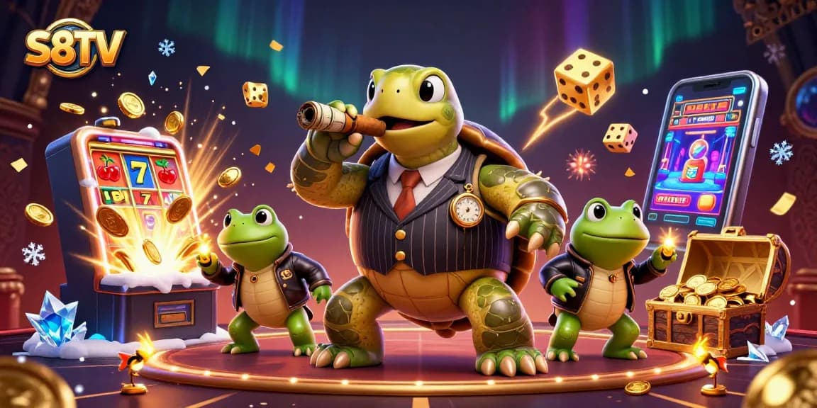 S8TV showcases a vibrant casino scene featuring a snapping turtle and bullfrogs among dynamic gambling elements.