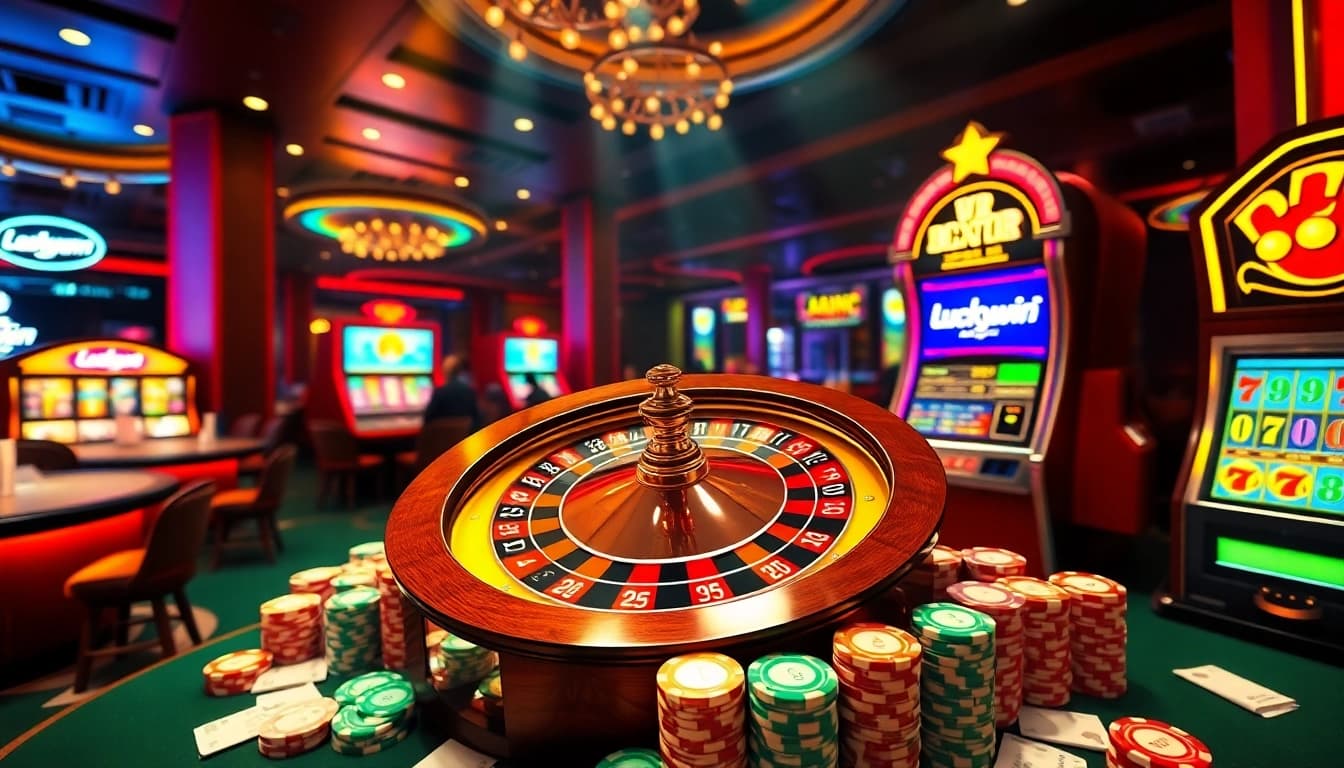 Luckywin casino vibrant scene with roulette wheel, poker chips, and luxury details.