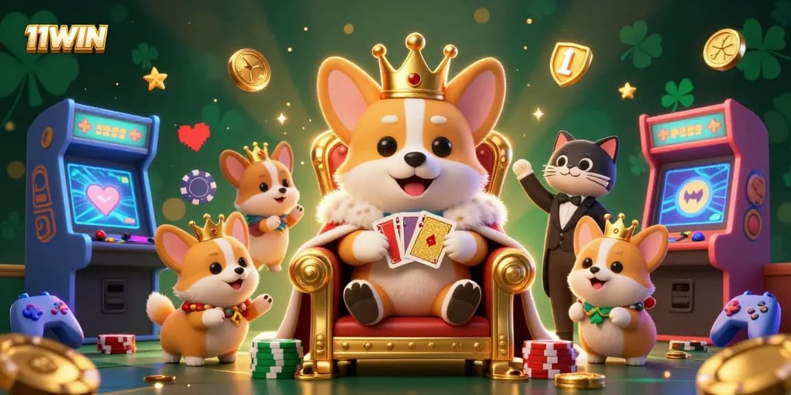 Experience the fun at 11WIN with royal corgis and exciting game elements in a vibrant casino scene.