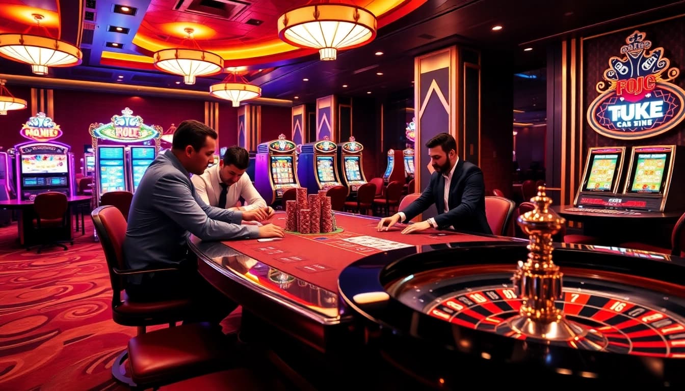 KJC poker players compete at an upscale casino table surrounded by vibrant slot machines.