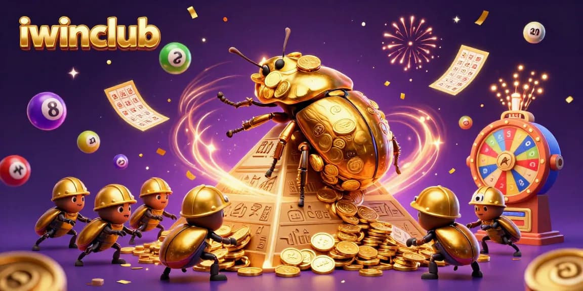 The iwinclub colorful lottery scene showcases energetic beetles rolling coins, capturing the excitement of gaming.