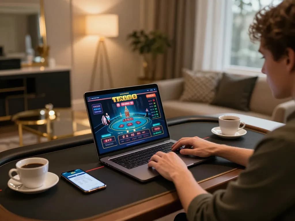 Engaging online gambling experience at https://tr88bet.com/ with live casino gaming on laptop amidst warm ambient lighting.