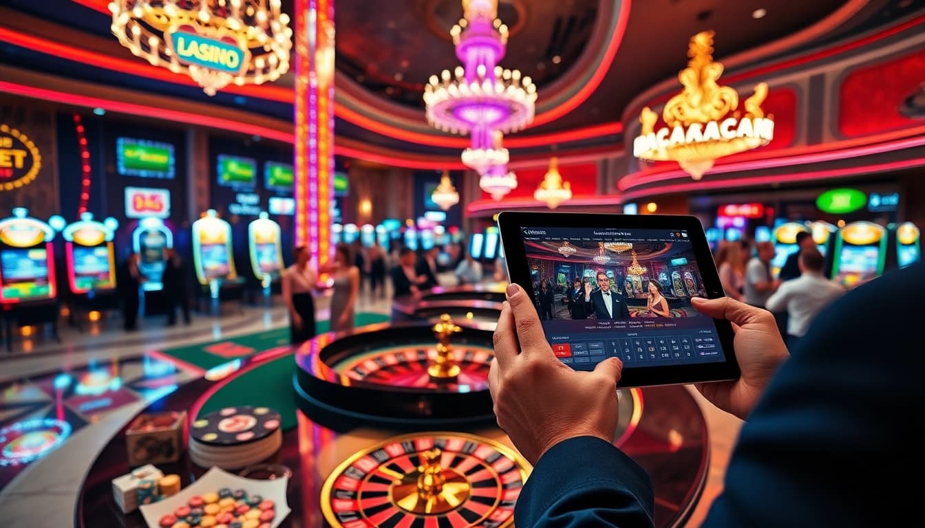 Engaging casino scene at https://fb88j.com/ featuring roulette, poker chips, and vibrant lights.