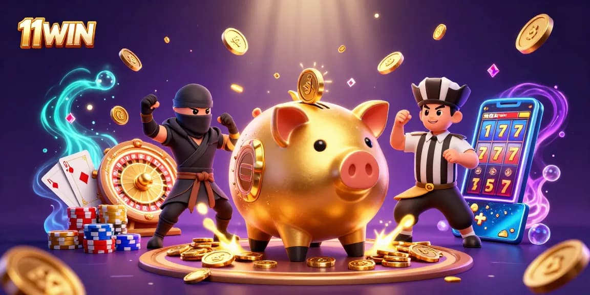 Experience thrilling moments at 11WIN, featuring exciting games and energetic casino artwork.