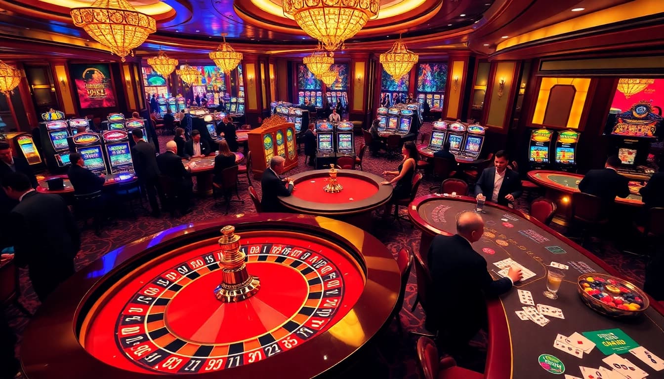 Experience the thrill of gambling with players at blackjack tables and roulette wheels in a stunning nohu casino scene.