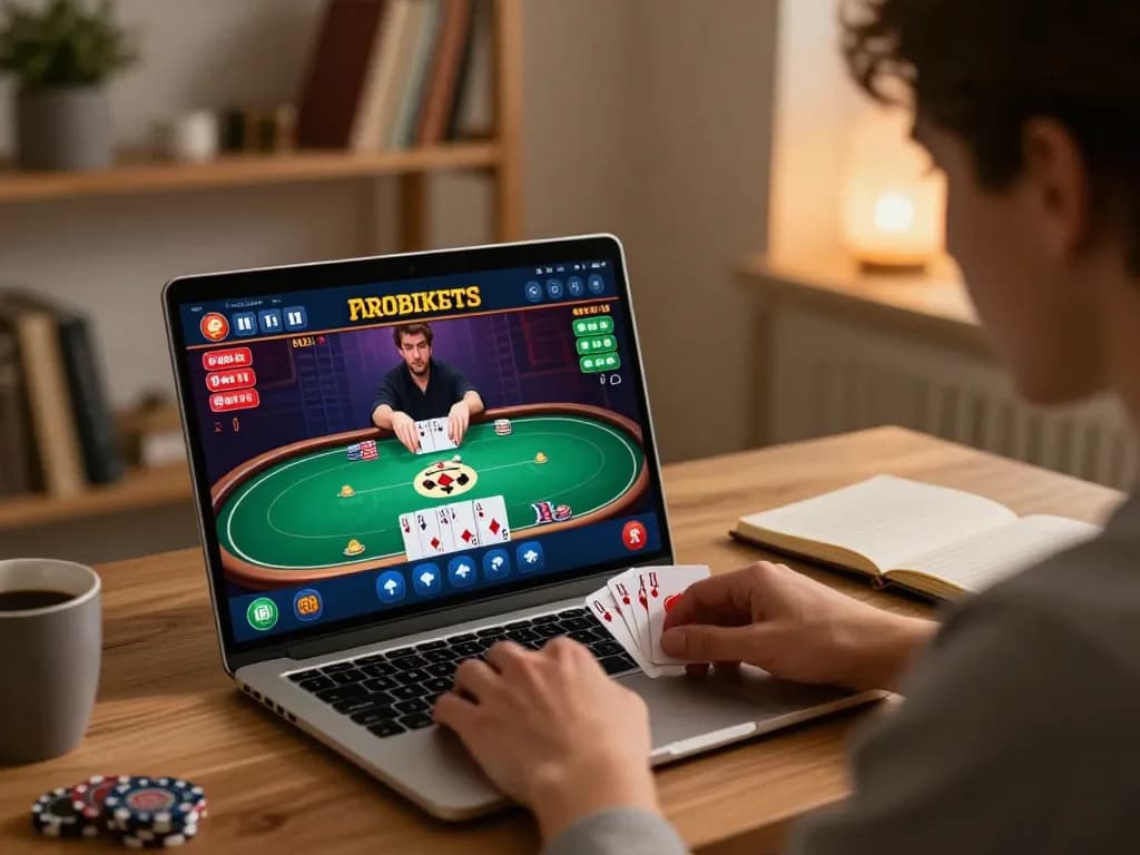 Trò chơi poker trực tuyến LUCK8 với người chơi đặt cược chiến lược tại bàn làm việc ở nhà.