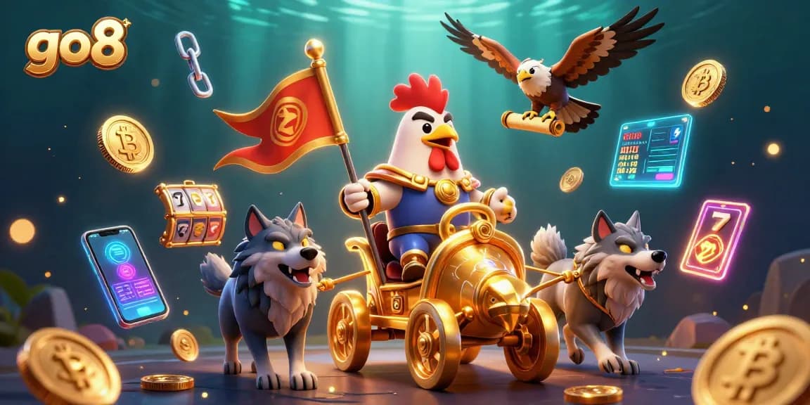 Go8 casino feature: immersive 3D illustration of a rooster warlord and wolves amidst glowing crypto elements.