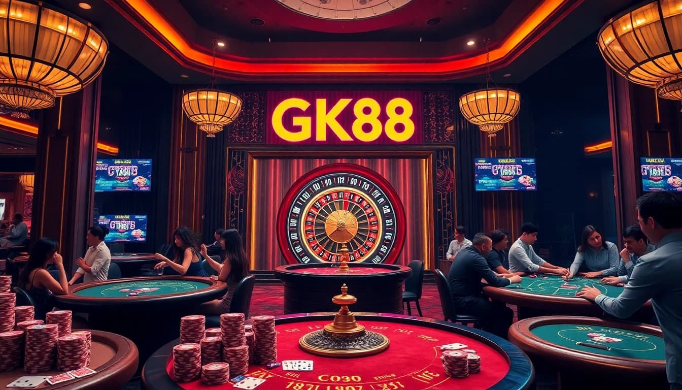 GK88 casino players enjoying poker with vibrant ambiance and dice on tables.