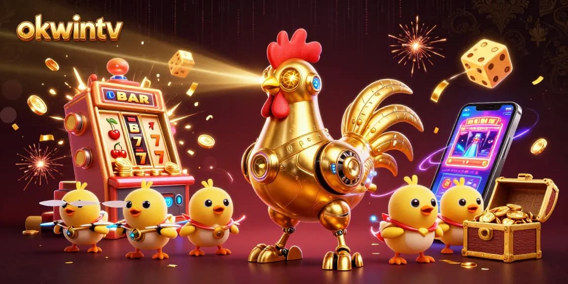 okwintv showcases a dynamic scene with a golden rooster robot and baby chick drones amidst vibrant casino elements