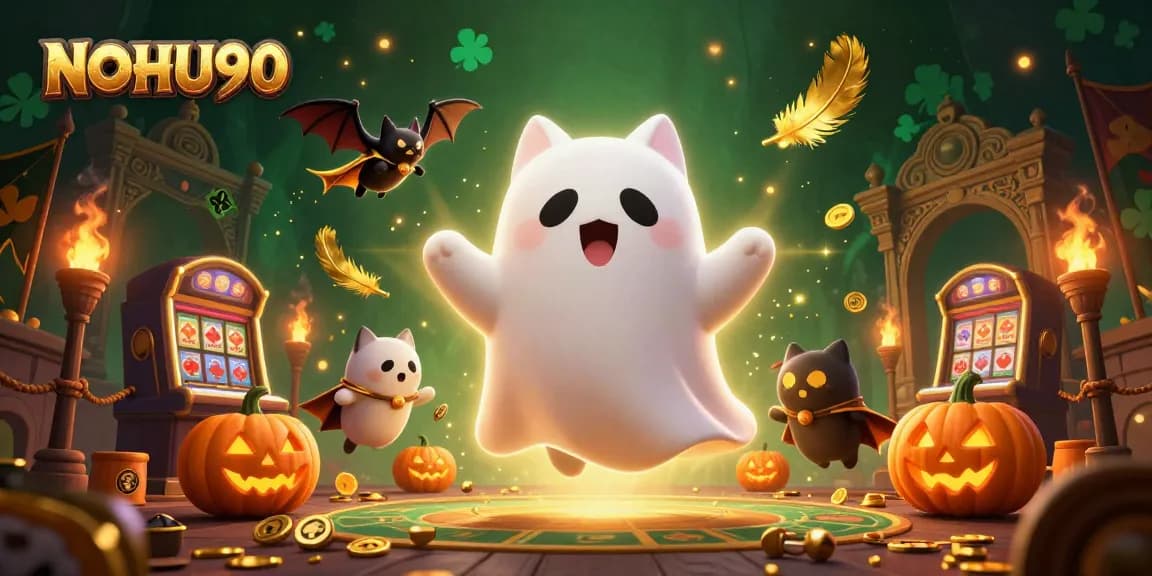 Experience thrilling gameplay at NOHU90 with a ghost cat and glowing poker suit jack-o-lanterns.