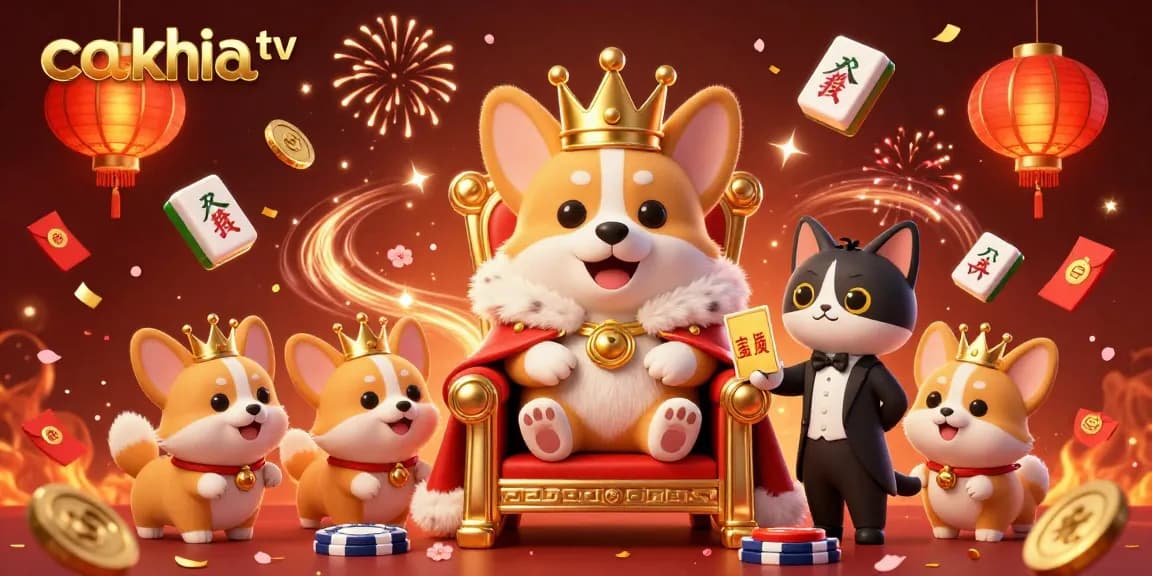 Cakhia TV showcases thrilling live sports betting with a royal corgi surrounded by gambling elements in a vibrant atmosphere.