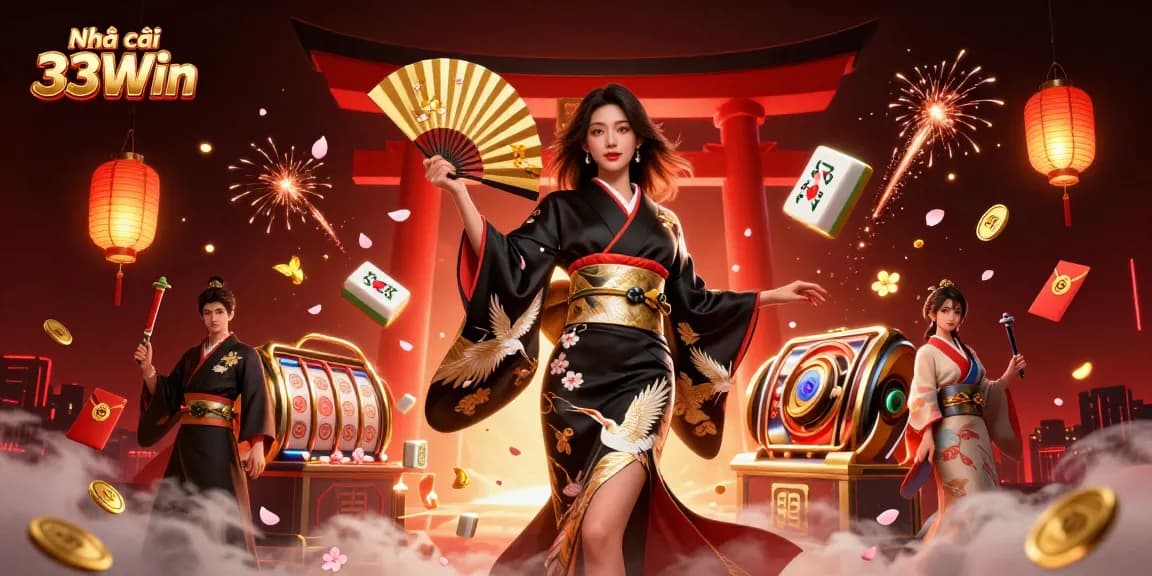Experience the thrill of play at Nhà cái 33Win, featuring a captivating 3D illustration of elegant Asian design elements.