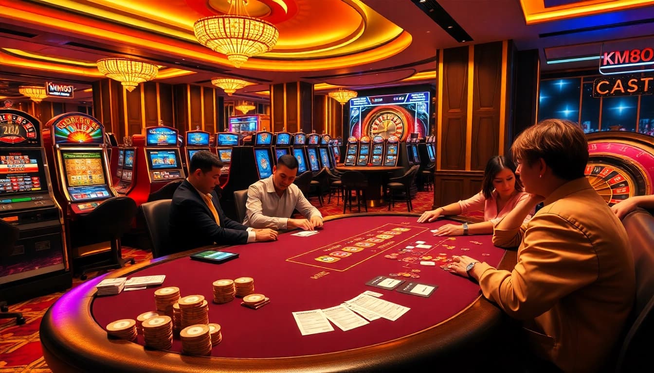 Experience high-stakes poker at km88 casino with vibrant slot machines and roulette wheels.