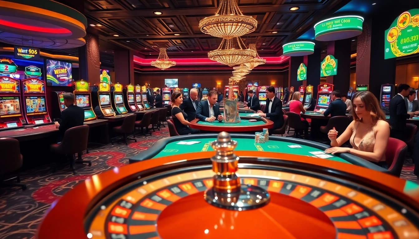 Exciting gambling scene featuring casino tables and slot machines at https://win678.art/ for a thrilling player experience.