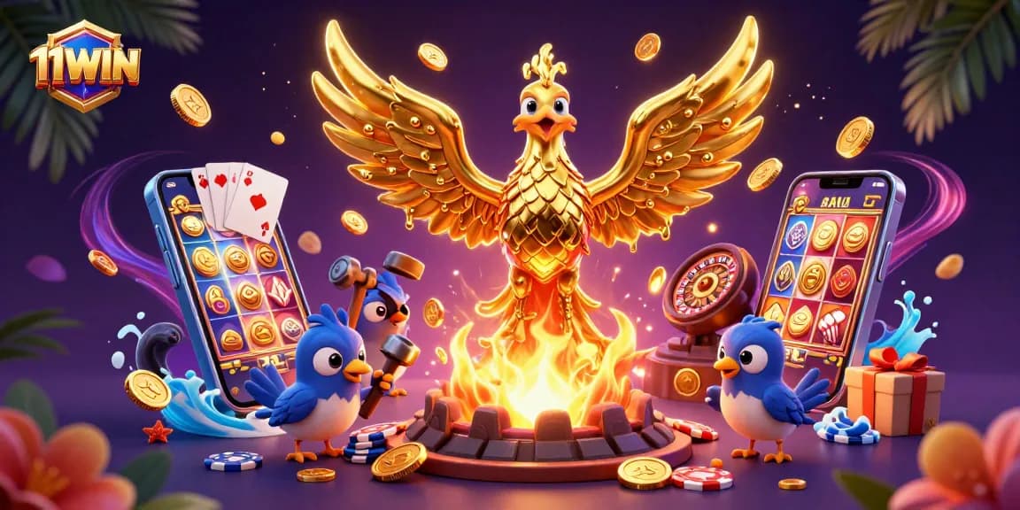 Experience the allure of 11WIN with a golden phoenix and dynamic casino game elements.