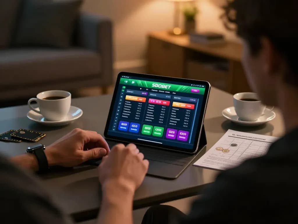 Sbobet online betting with a focused player analyzing strategies at home