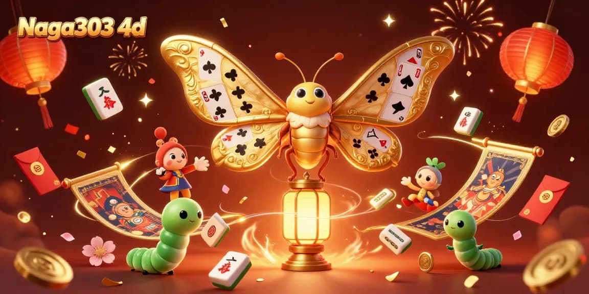 Naga303 4d showcases a vibrant 3D illustration of a golden moth amidst festive casino elements.