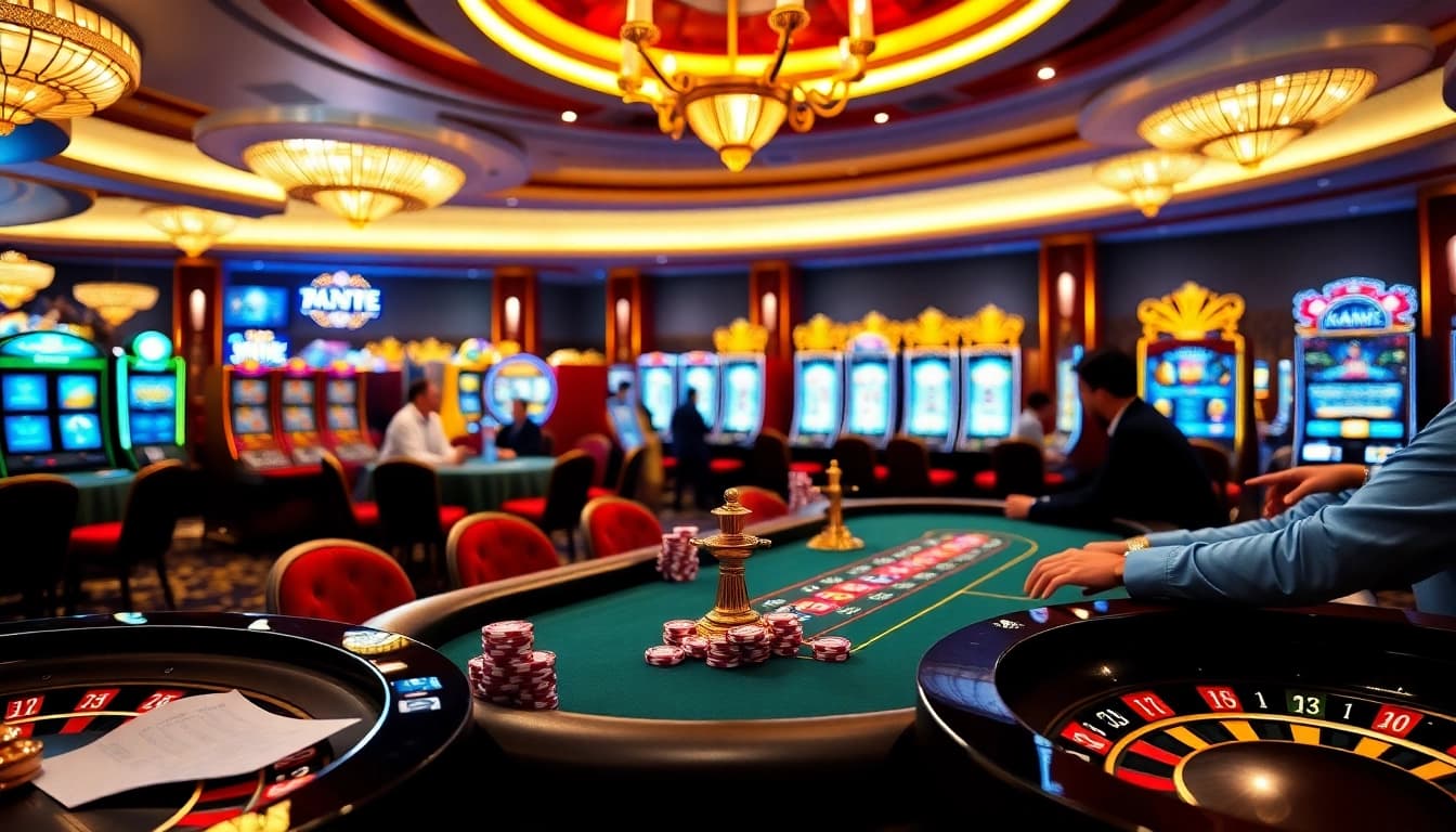 Engaging players at iq88 casino table with colorful poker chips and thrilling atmosphere.