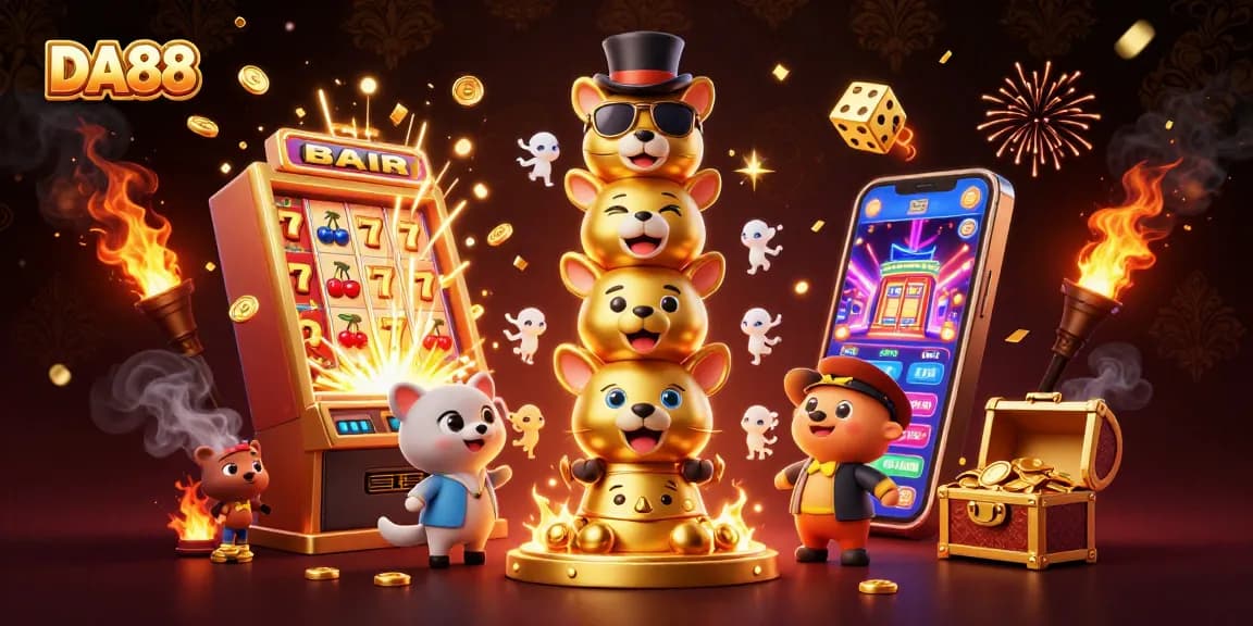 DA88 totem pole surrounded by vibrant casino elements, creating a dynamic gaming atmosphere.