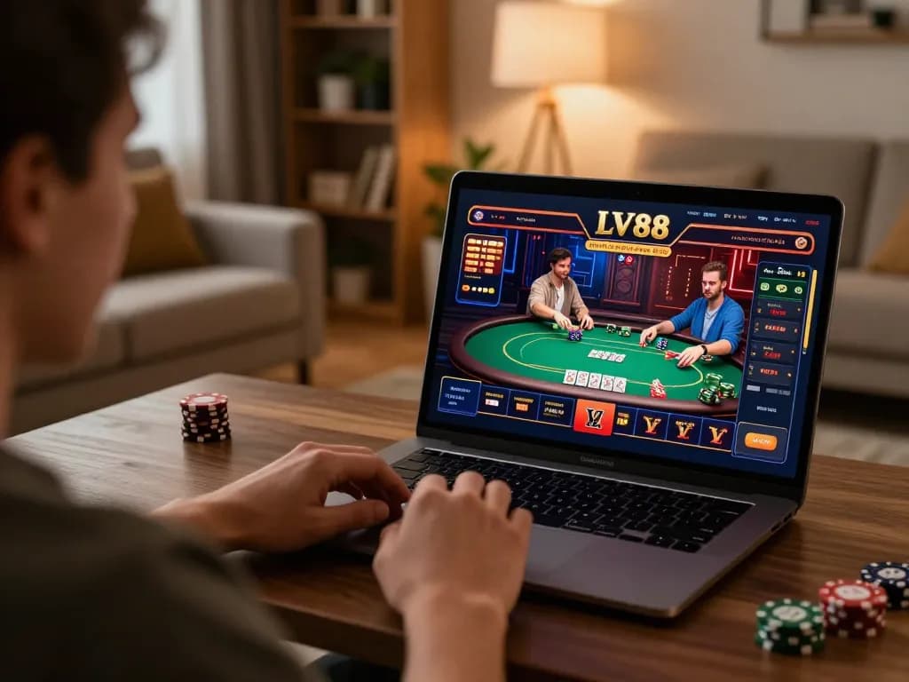Player enjoying LV88 online poker at home, showcasing a cozy gaming setup.