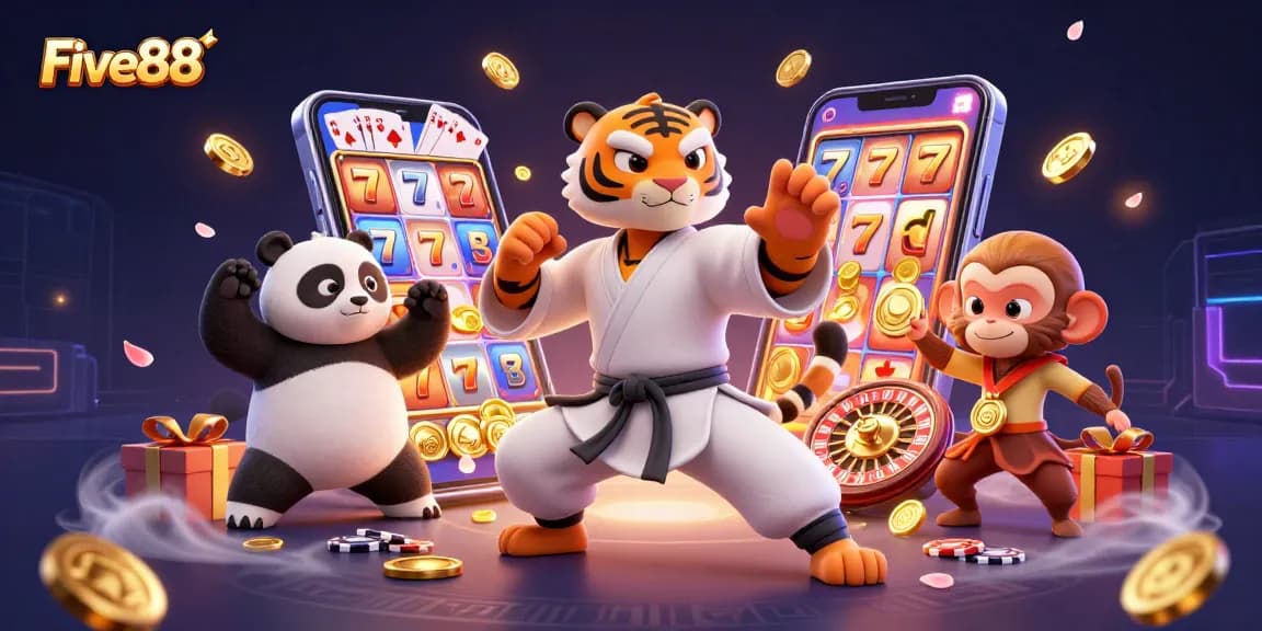 Engage with Five88 through an energetic gaming scene featuring cartoon characters, slot games, and vibrant colors.