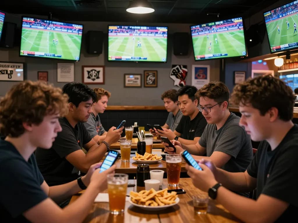 Excited patrons using TOPBET app at a sports bar during a live betting event.