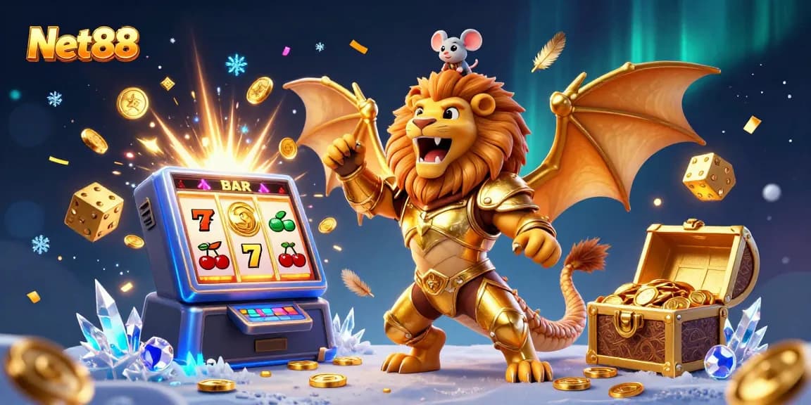 Experience the excitement of Net88 with a dynamic casino-themed illustration featuring a roaring chimera and gold elements.