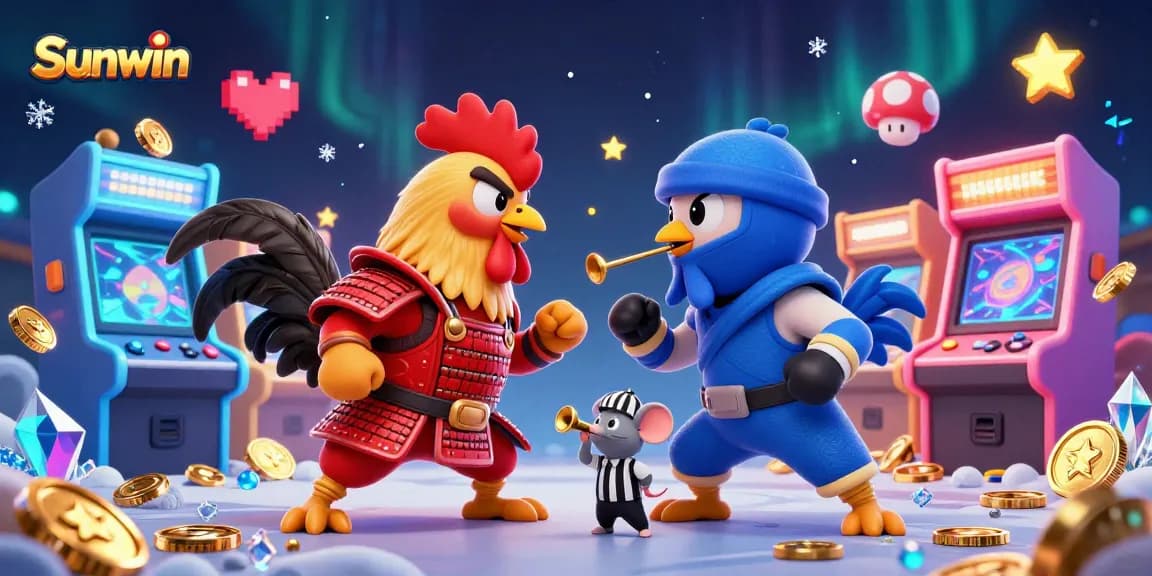 Sunwin introduces an epic showdown between roosters in a vibrant casino-themed scene, showcasing thrilling game elements.