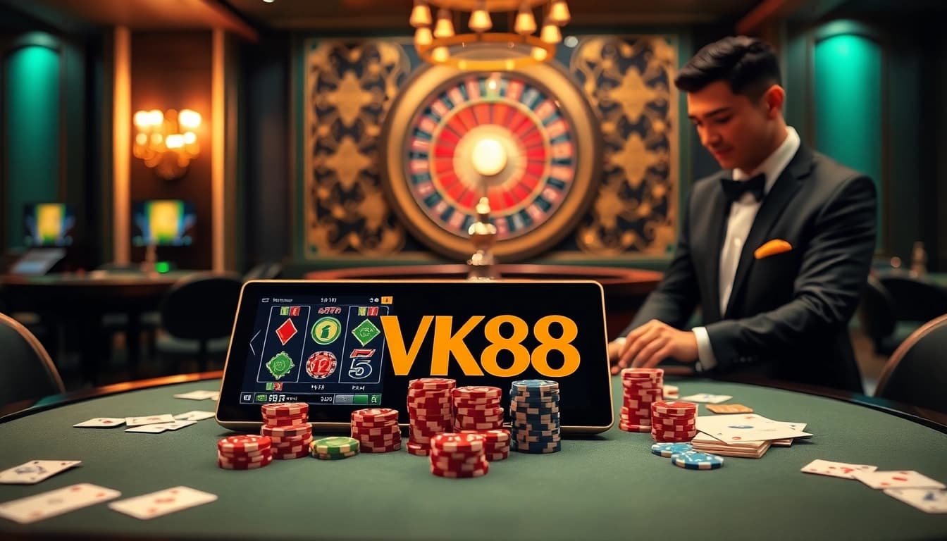 Engaging scene of VK88 online gaming with vibrant slot machines and poker chips, showcasing excitement.