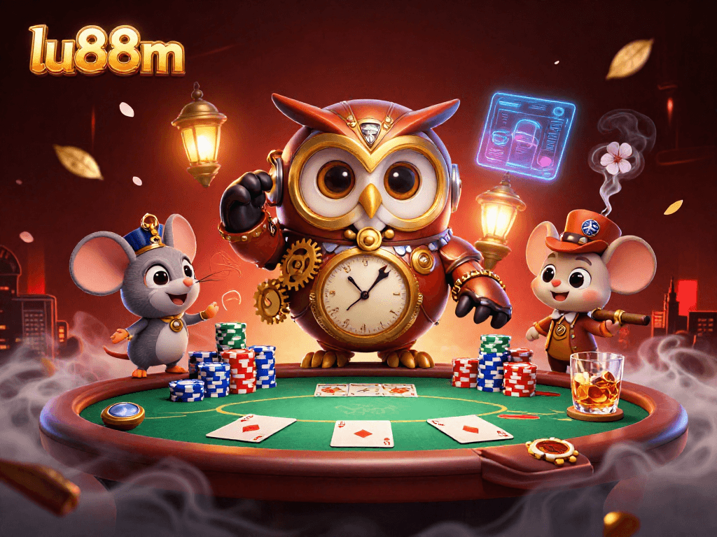 Play poker with lu88m in a vibrant steampunk casino setting featuring dynamic gaming elements.