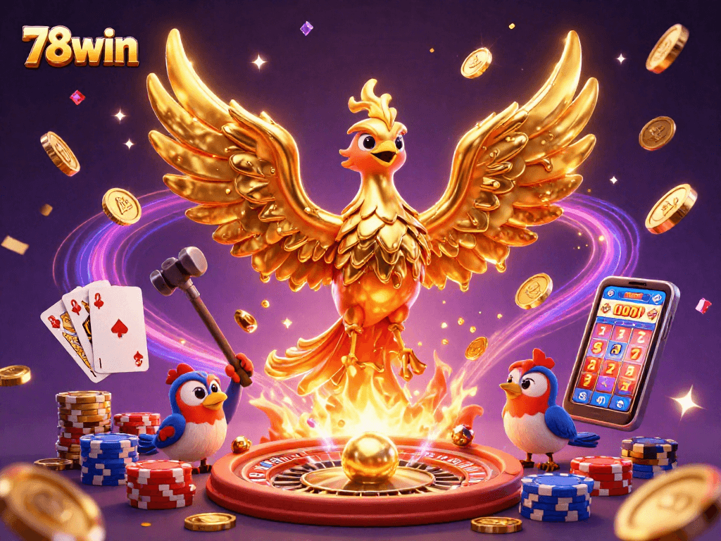 Experience thrilling 78win gaming with golden phoenix and casino elements in vibrant illustration.