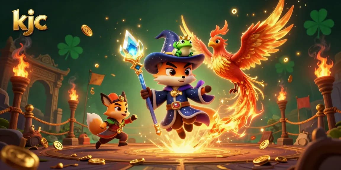 KJC players engaging in thrilling casino games amidst dynamic magical visuals and decorations.