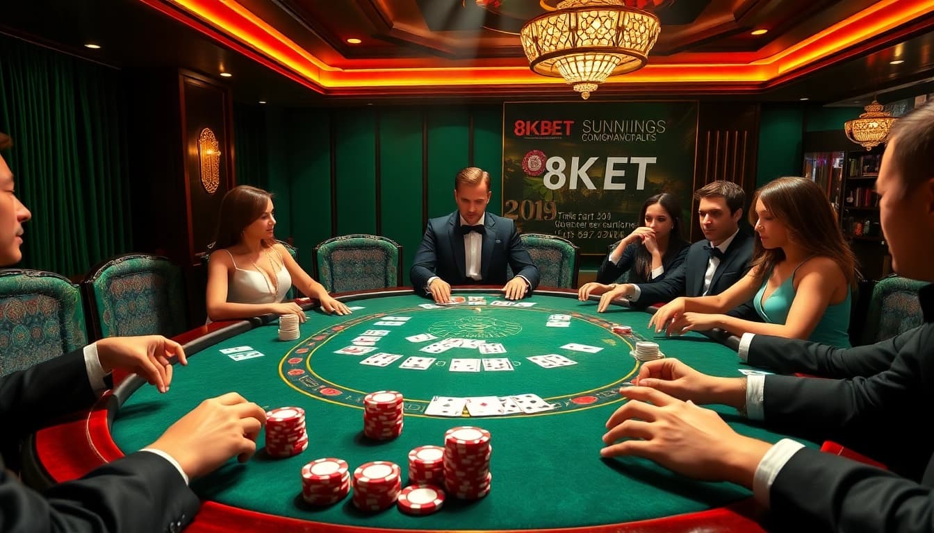 Experience exciting poker action at the luxurious 8KBET online casino with high-stakes play.