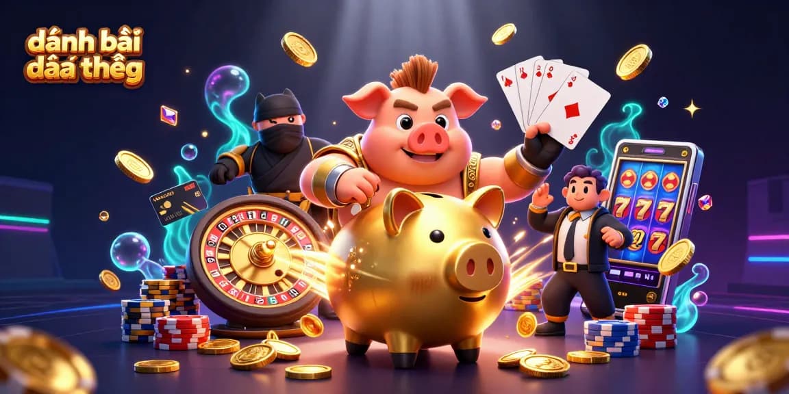 Experience đánh bài đổi thưởng in vibrant 3D with animated characters and casino elements.