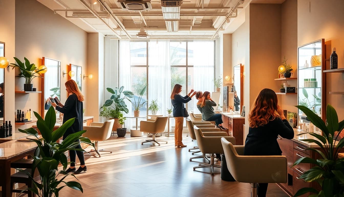 Omnia Salon interior highlighting professional hairstylists delivering vibrant services in a stylish, welcoming atmosphere.