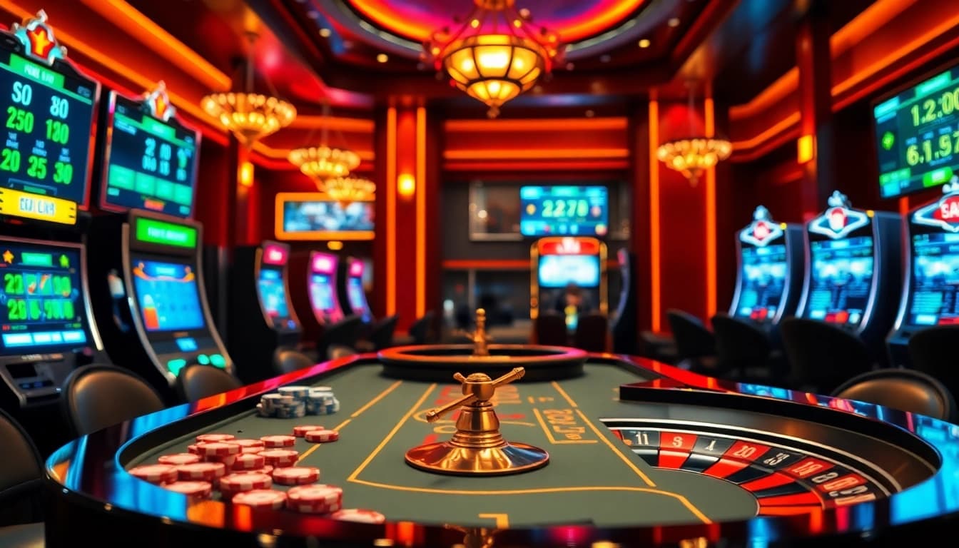 Player placing a bet at tha bet casino, with vibrant poker chips and slot machines.