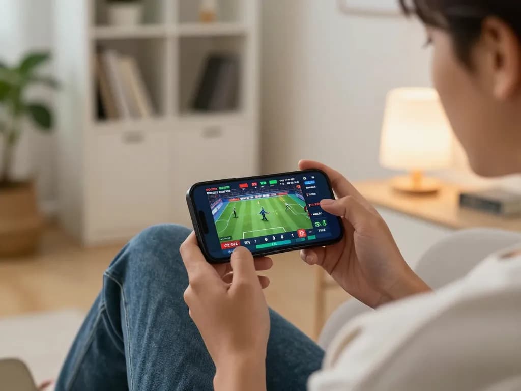 Person using smartphone for Link vào Vk88 sports betting in a cozy living room